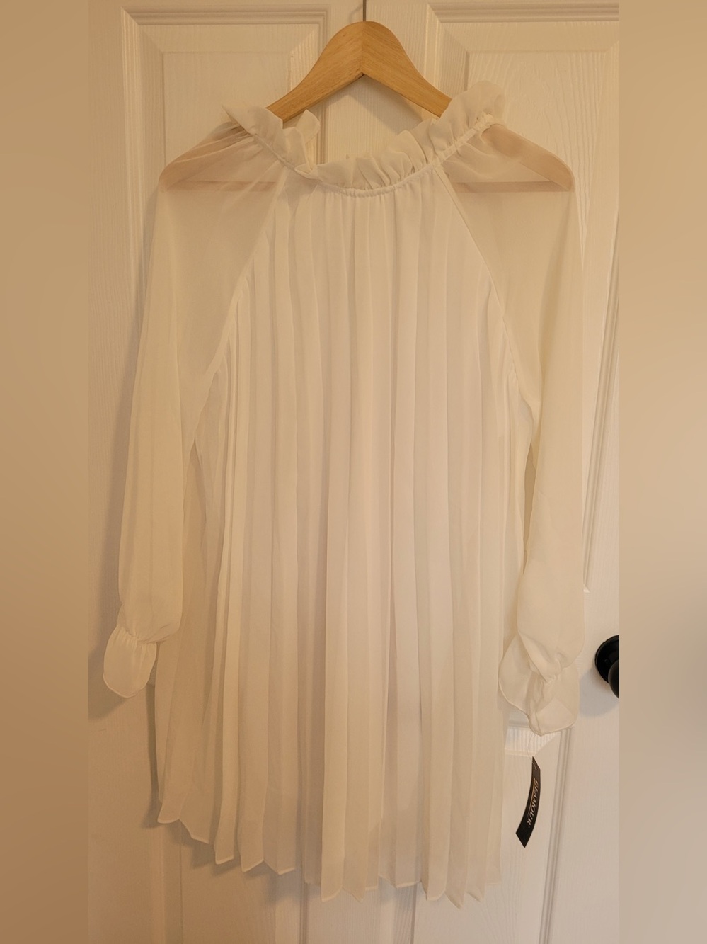 Pleated Long-Sleeve Ruffle Neck Dress in Cream